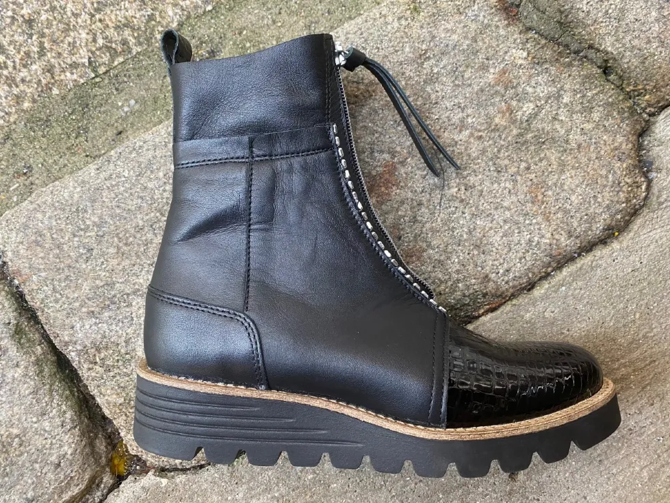 Boots zip noire bi matière croco