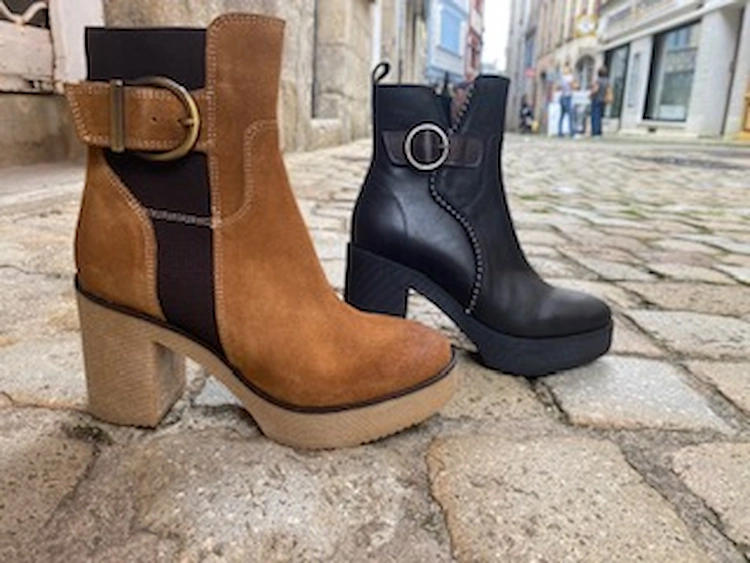 Boots talon camel ou noir cuir semelle crepe